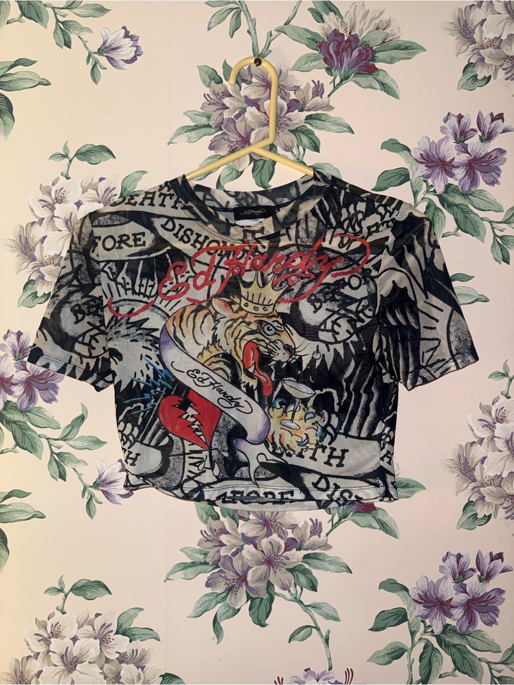 Ed Hardy Black Graphic Cropped Tee with Red Script and Multicolor Tiger